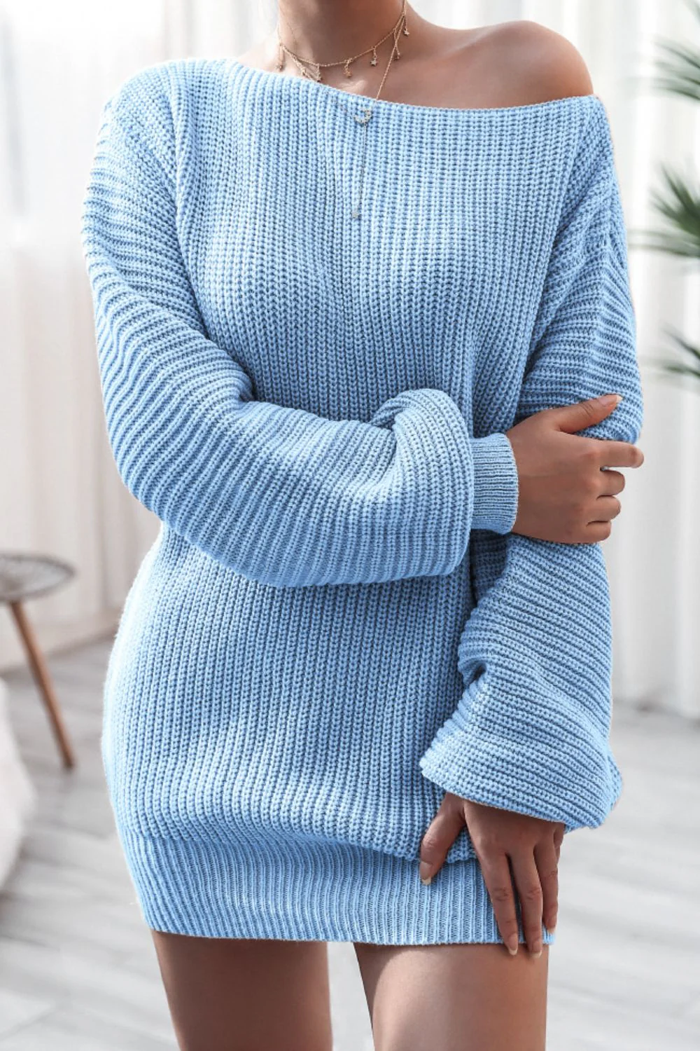 Boat Neck Long Sleeve Mini Sweater Dress - Image 16