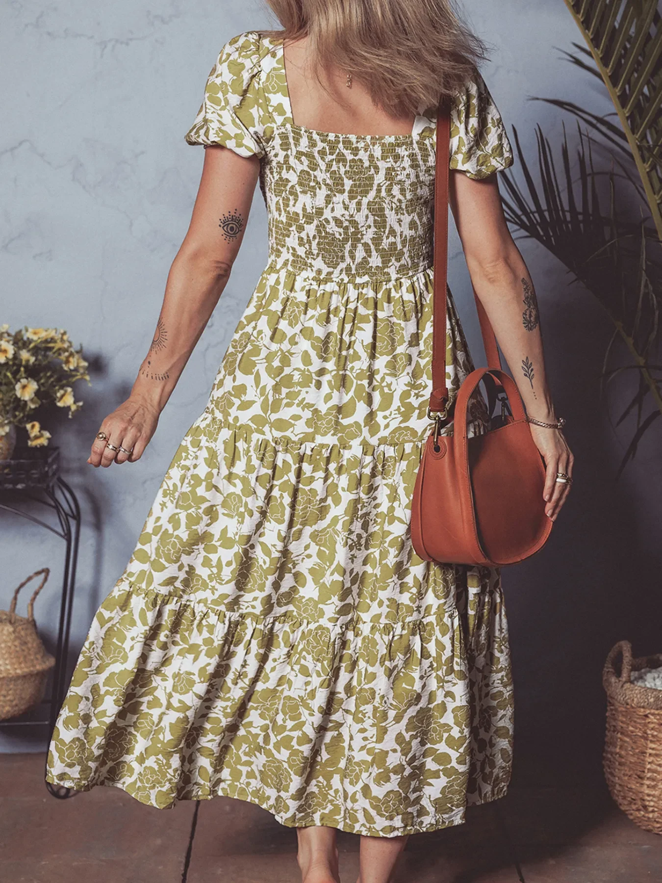 Boho Floral Square Neck Smocked Bust Puff Sleeve Tiered Dress - Image 2