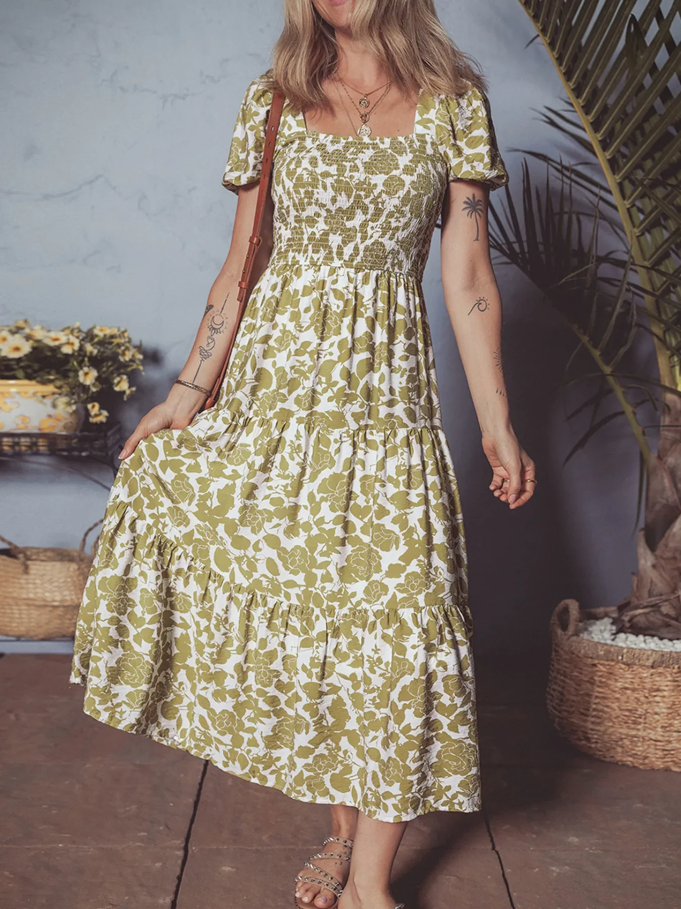 Boho Floral Square Neck Smocked Bust Puff Sleeve Tiered Dress - Image 3
