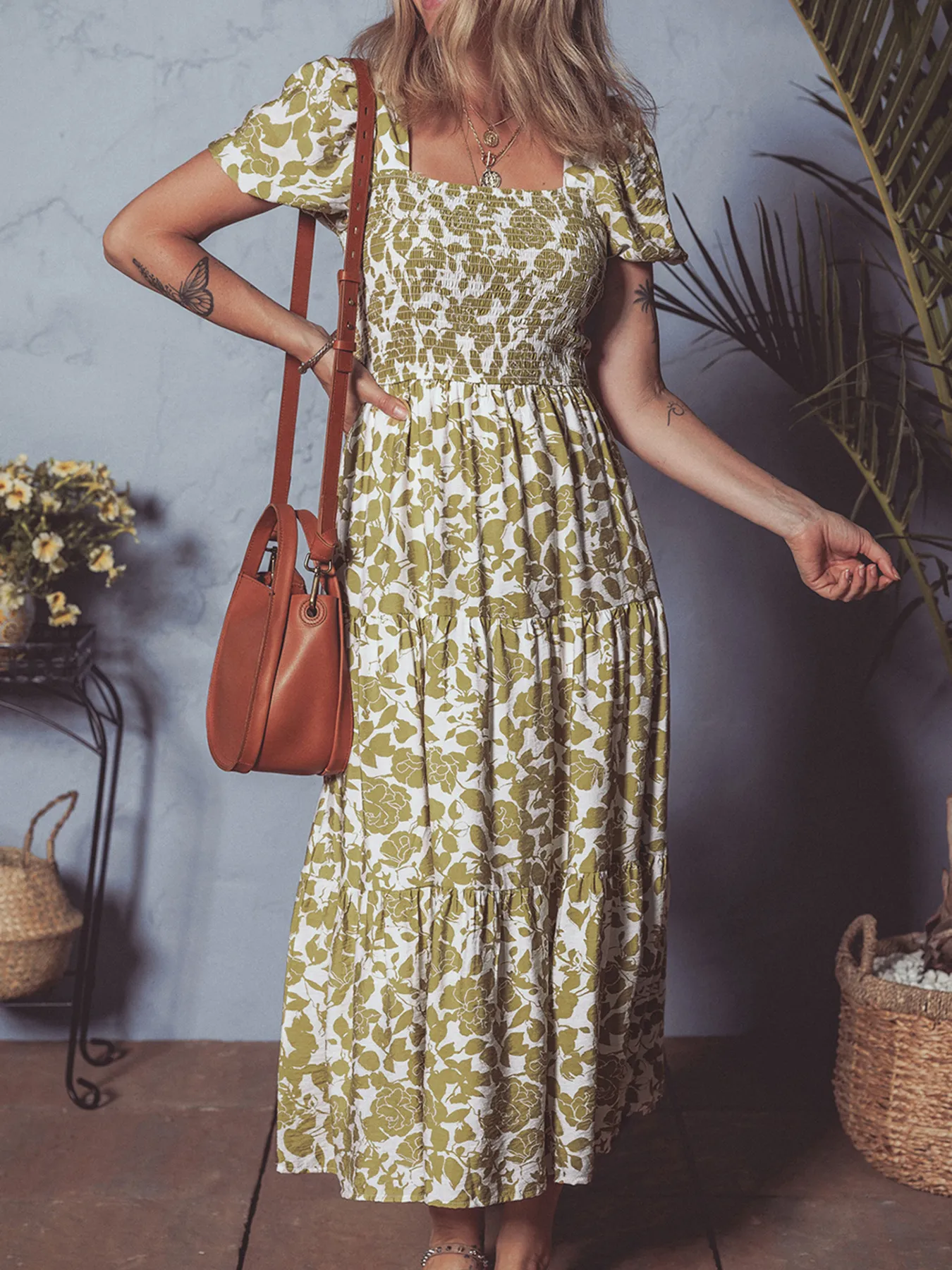 Boho Floral Square Neck Smocked Bust Puff Sleeve Tiered Dress - Image 4