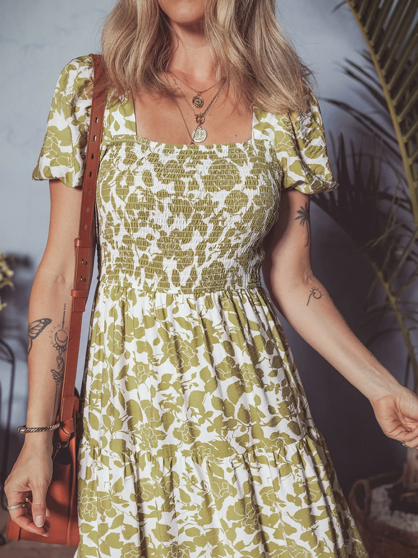 Boho Floral Square Neck Smocked Bust Puff Sleeve Tiered Dress - Image 5