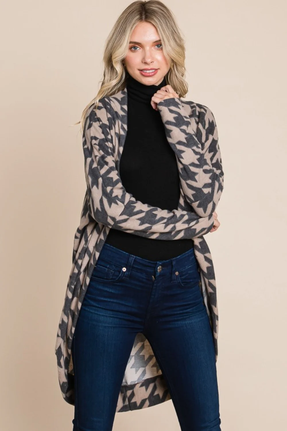 BOMBOM Houndstooth Open Front Cocoon Knit Cardigan - Image 5
