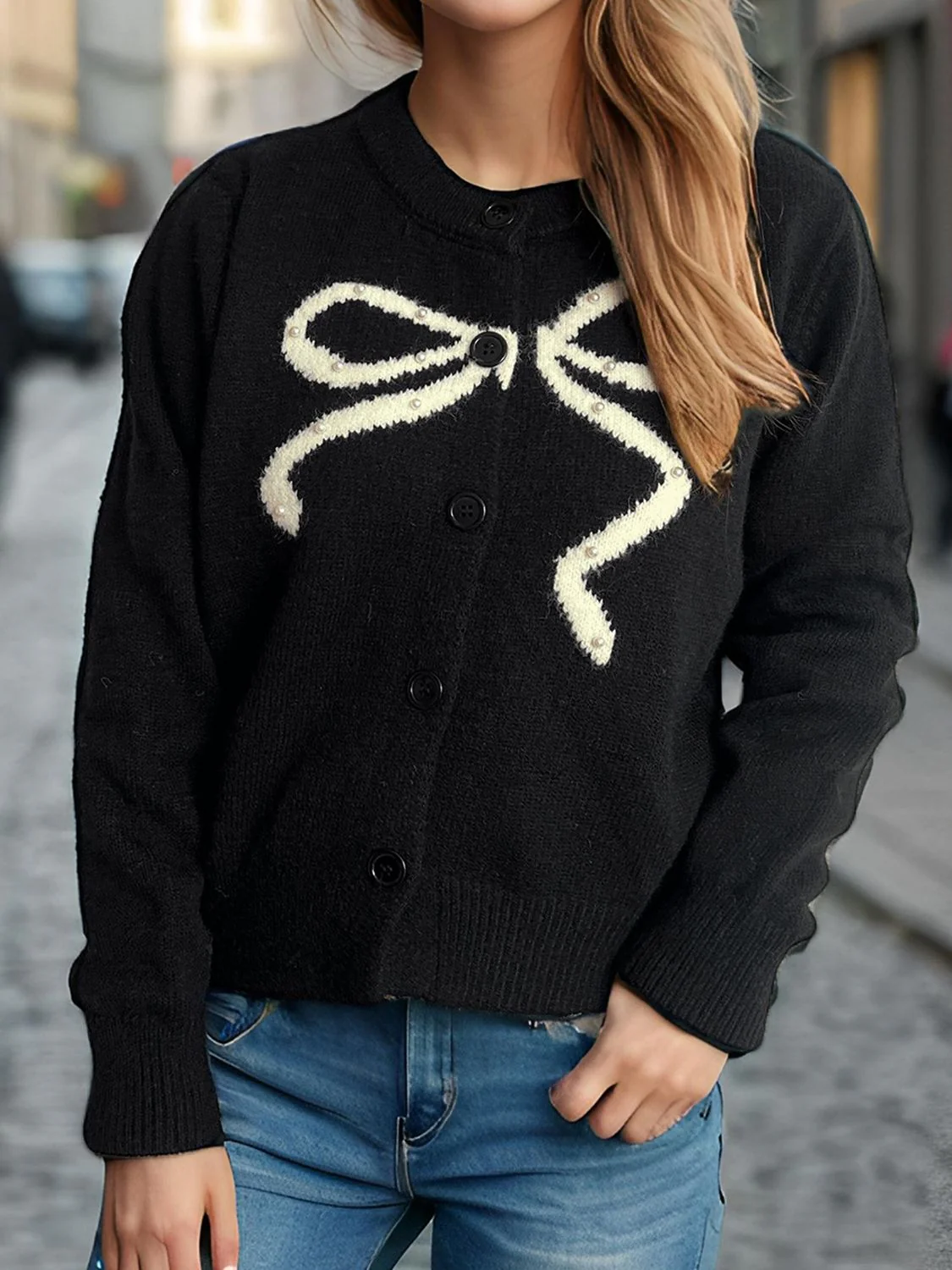 Bow Button Down Round Neck Cardigan - Image 12