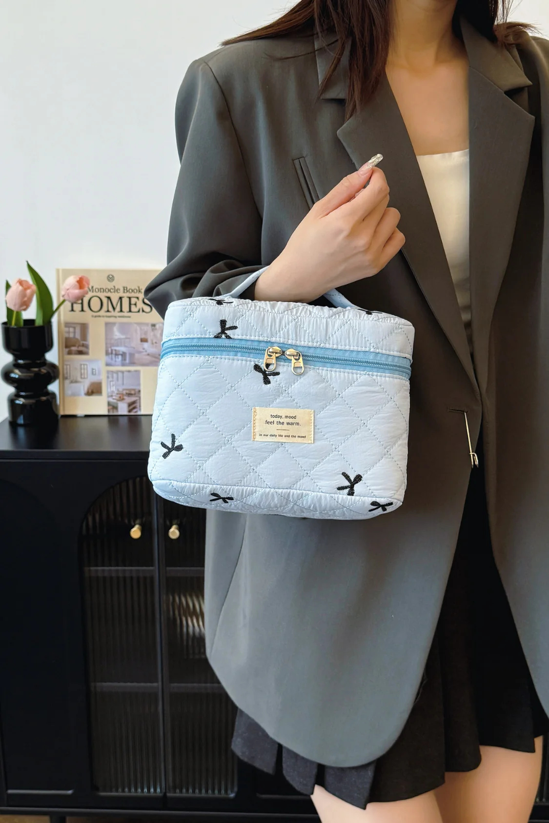 Bow Embroidered Quilted Storage Bag with Zip - Image 14