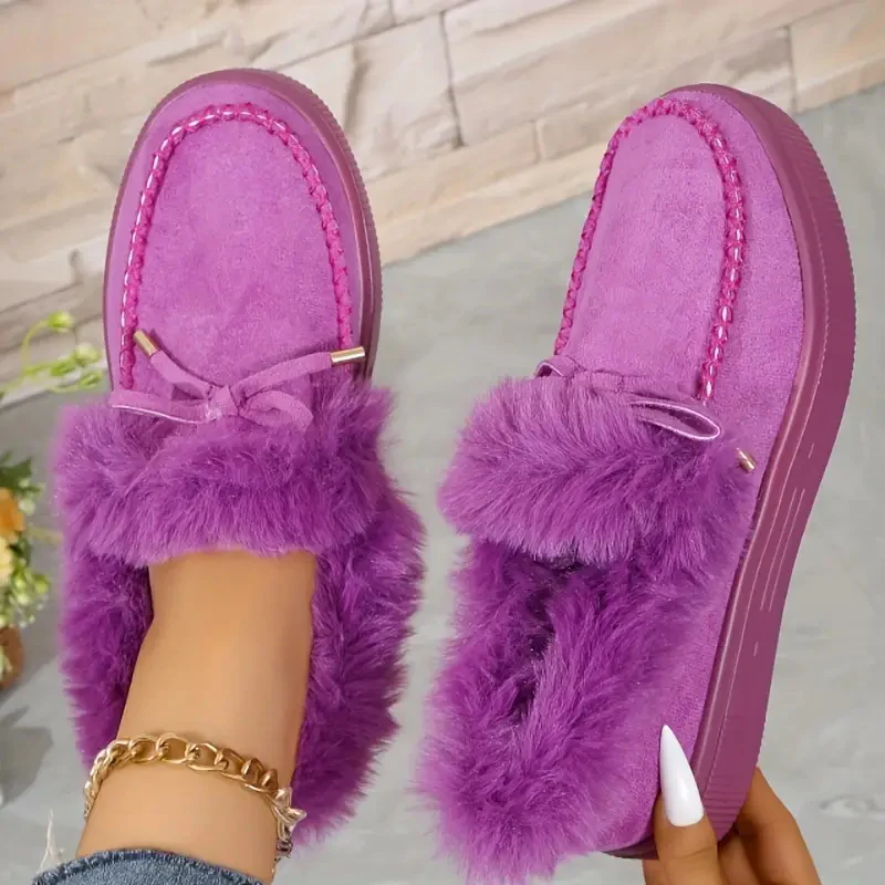 Bow Furry Round Toe Flat Slip-Ons - Image 17