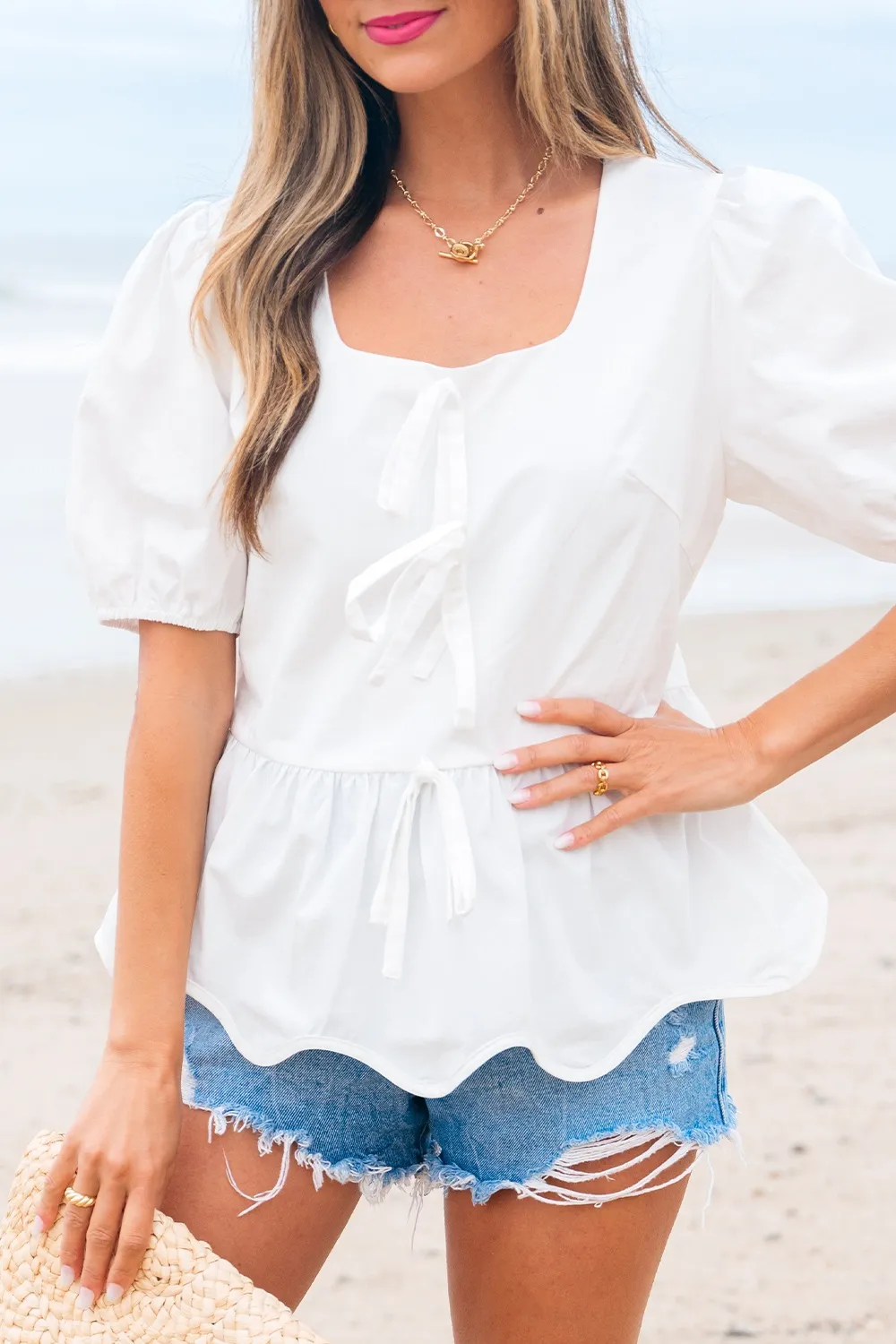 Bow Knot Decor Square Neck Puff Sleeve Peplum Top - Image 5