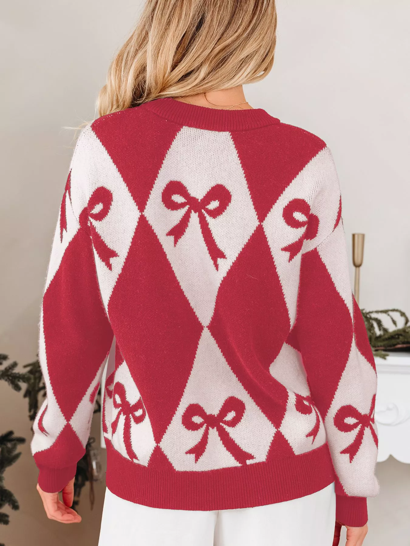 Bow Print 2-Tone Rhombus Knit Loose Sweater - Image 2