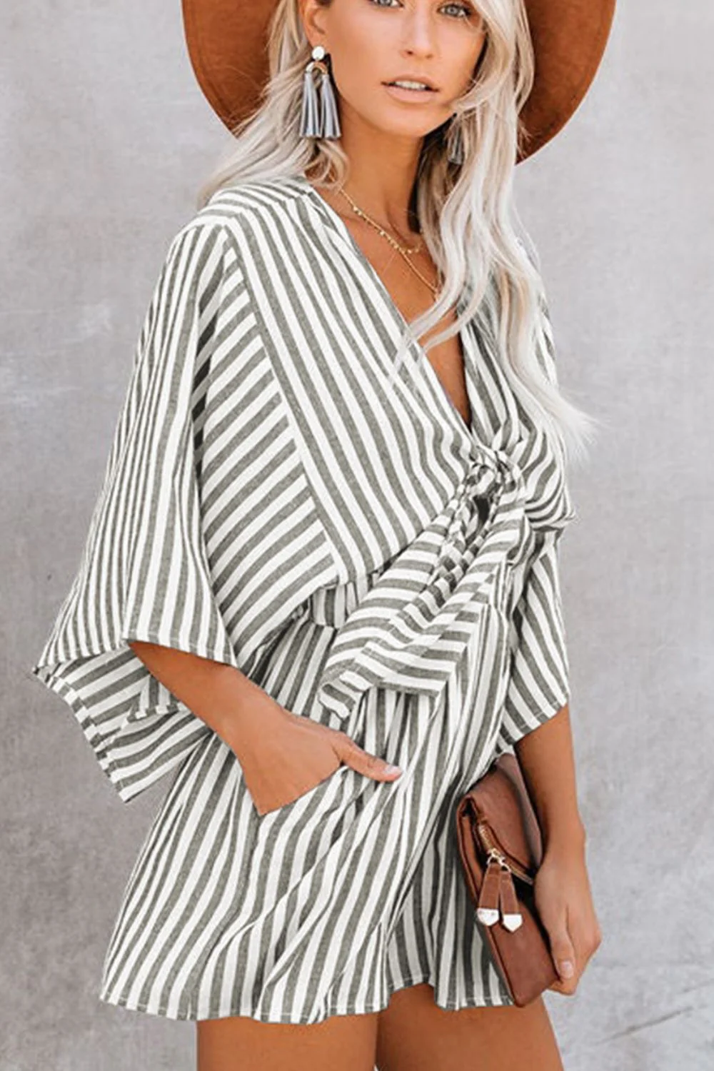 Bow Striped Kimono Sleeve Romper - Image 18