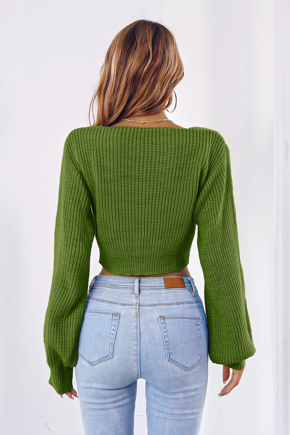 Bow V-Neck Long Sleeve Cropped Sweater - Image 12