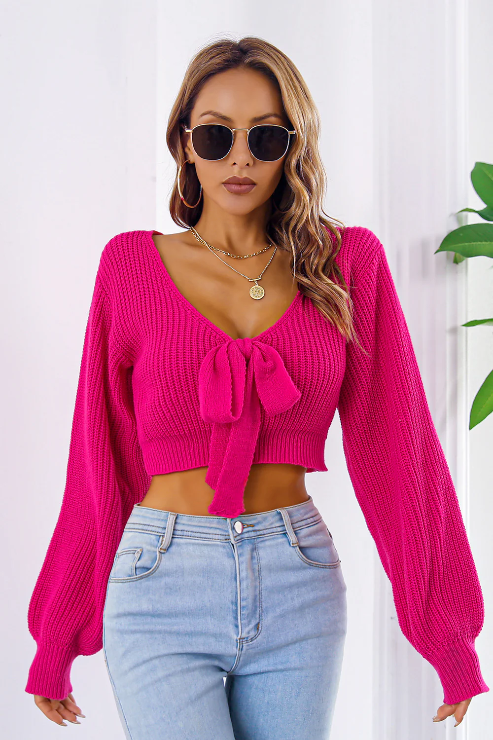Bow V-Neck Long Sleeve Cropped Sweater - Image 14