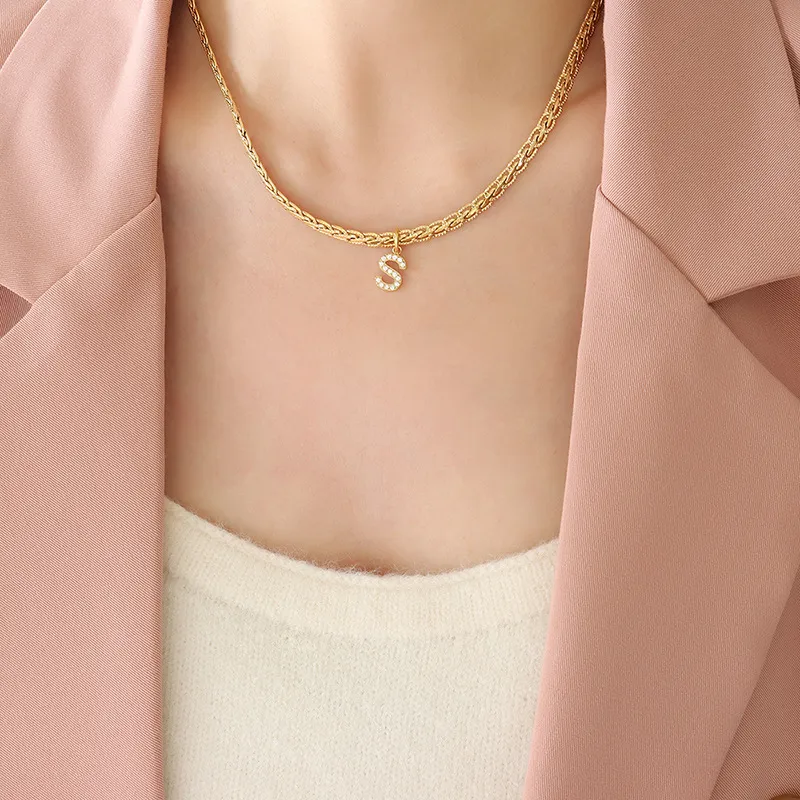Brass Inlaid Zircon Letter Pendant Necklace - Image 2