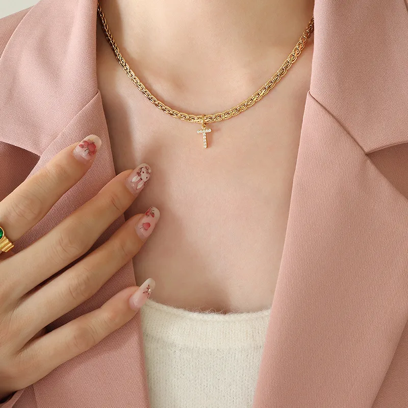 Brass Inlaid Zircon Letter Pendant Necklace - Image 4