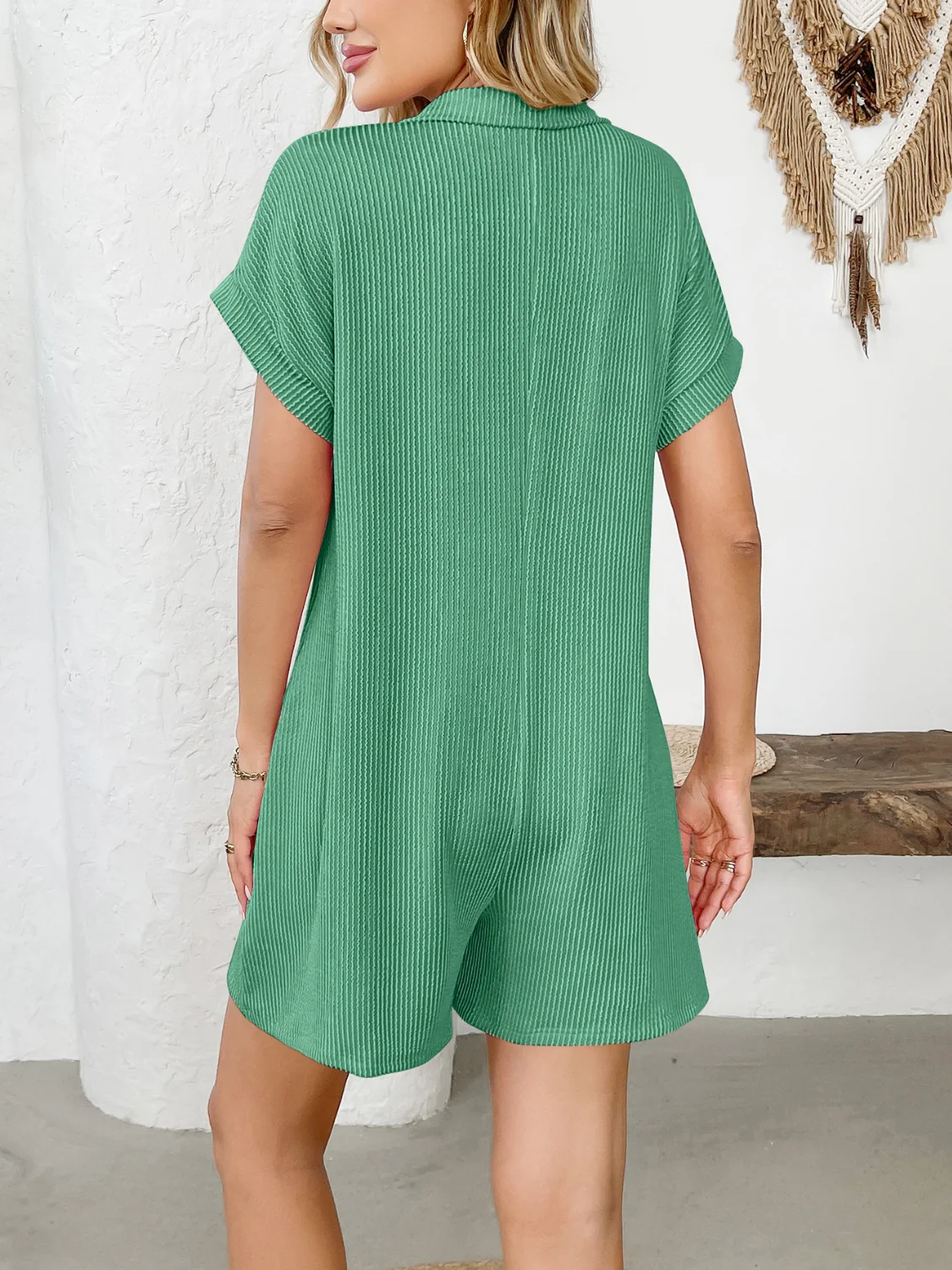 Button Detail Collared Neck Short Sleeve Romper - Image 15
