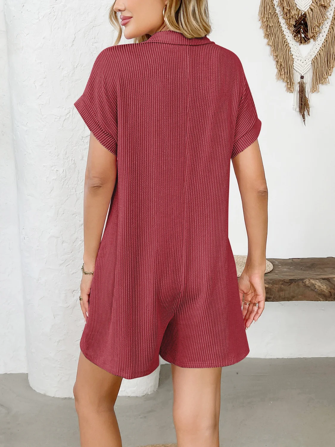 Button Detail Collared Neck Short Sleeve Romper - Image 2