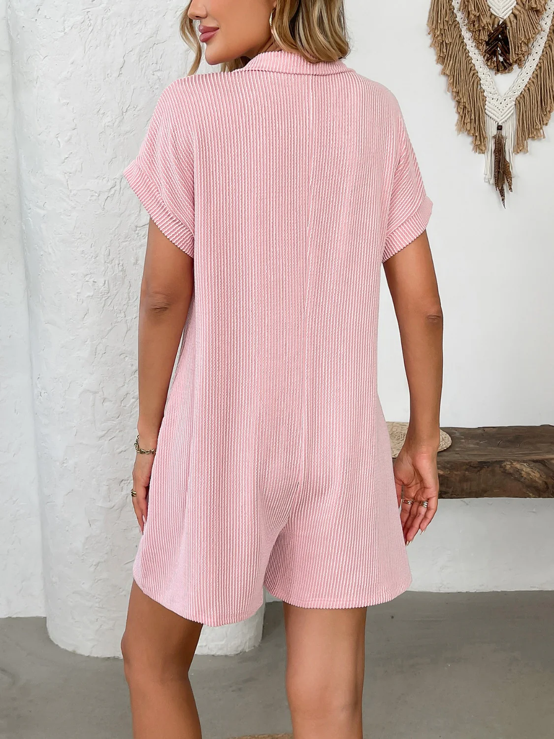 Button Detail Collared Neck Short Sleeve Romper - Image 8
