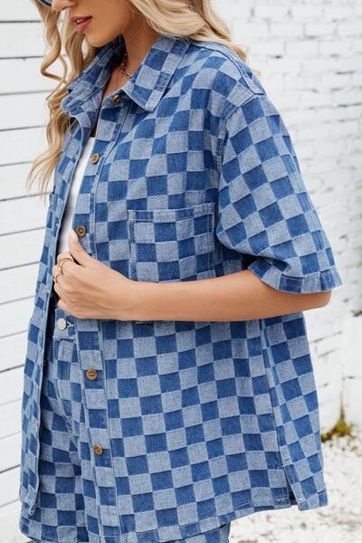 Button Down Checkered Denim Shirt - Image 4