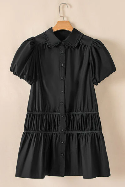 Button Down Puff Sleeve Ruffle Hem Dress - Image 7