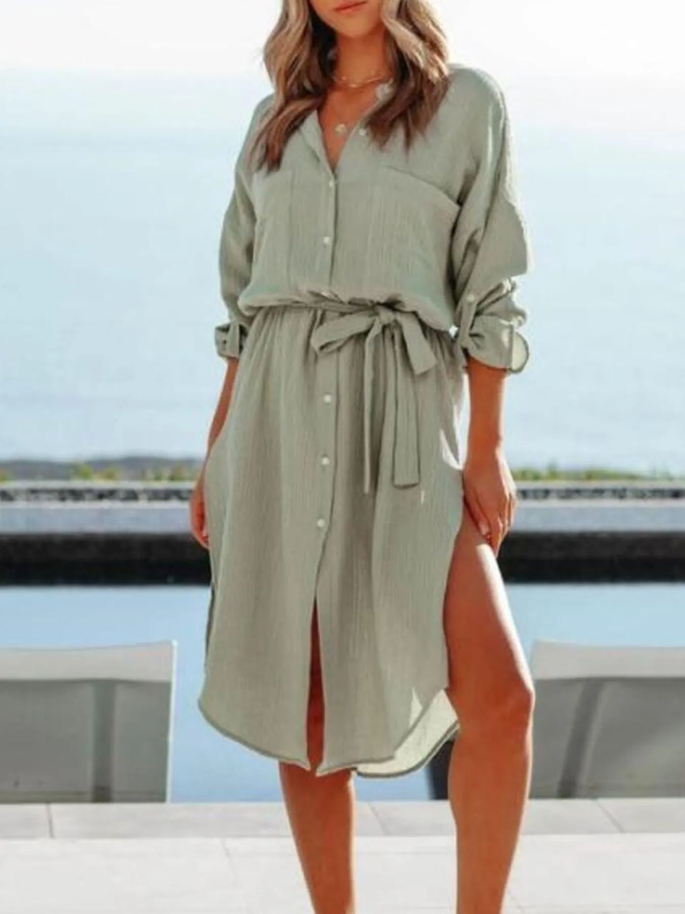 Button Down Tie Waist Shirt Dress - Image 8