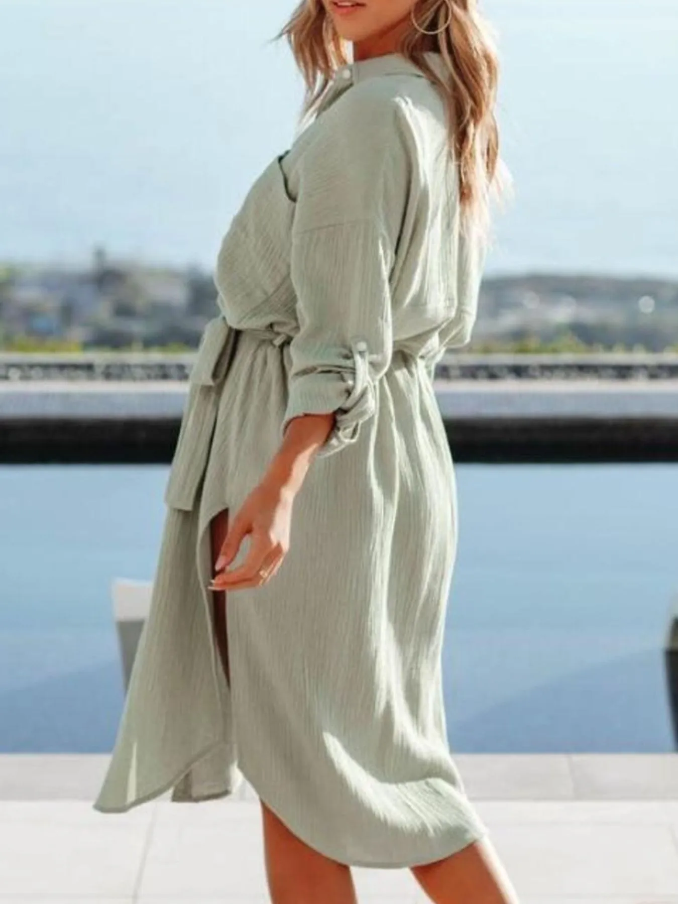 Button Down Tie Waist Shirt Dress - Image 9