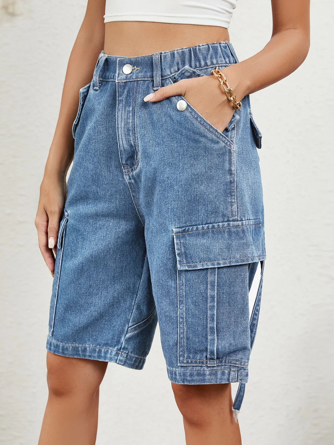 Buttoned Elastic Waist Denim Shorts with Pockets - Image 3