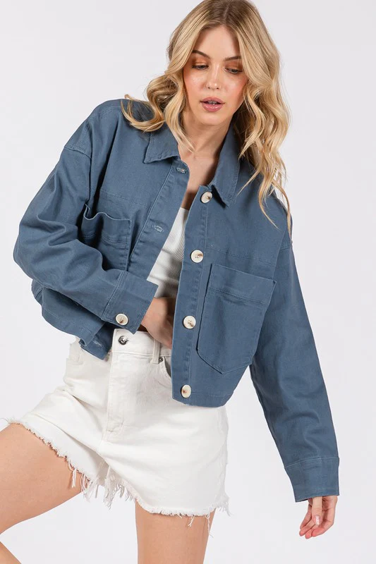 bytos Button Down Cropped Denim Jacket with Patch Pockets - Image 3