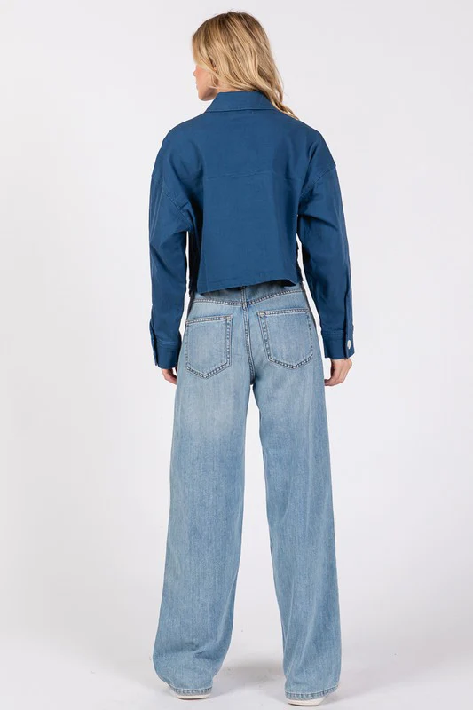 bytos Button Down Cropped Denim Jacket with Patch Pockets - Image 2