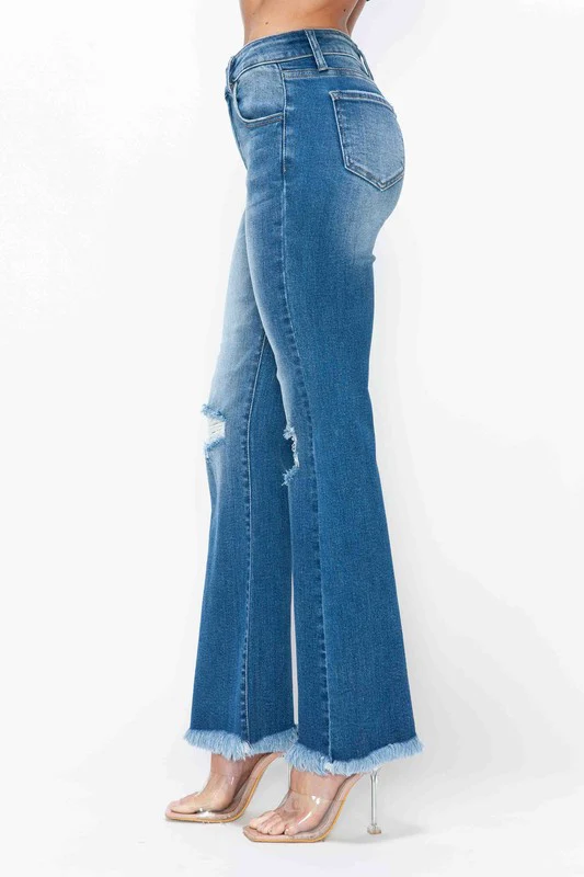bytos Full Size Raw Hem Distressed High Rise Bootcut Jeans - Image 3