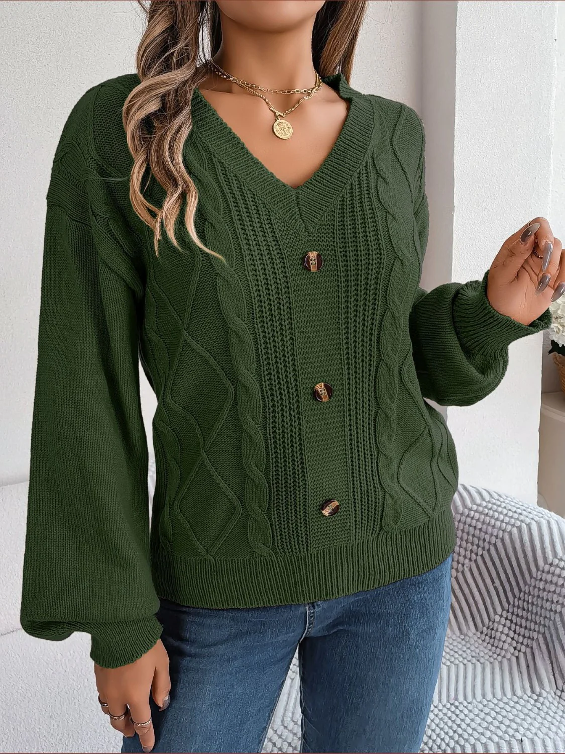Cable-Knit Buttoned V-Neck Sweater - Image 10