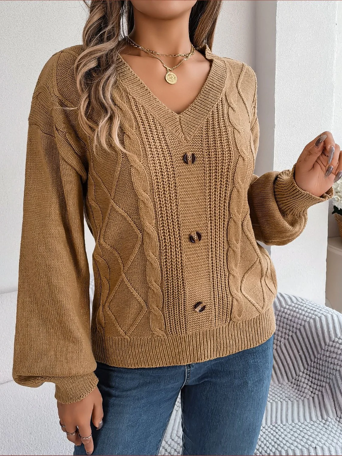 Cable-Knit Buttoned V-Neck Sweater - Image 7
