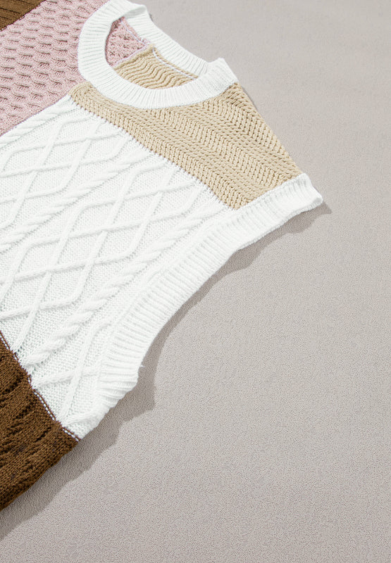 Cable-Knit Color Block Round Neck Sweater Vest - Image 7