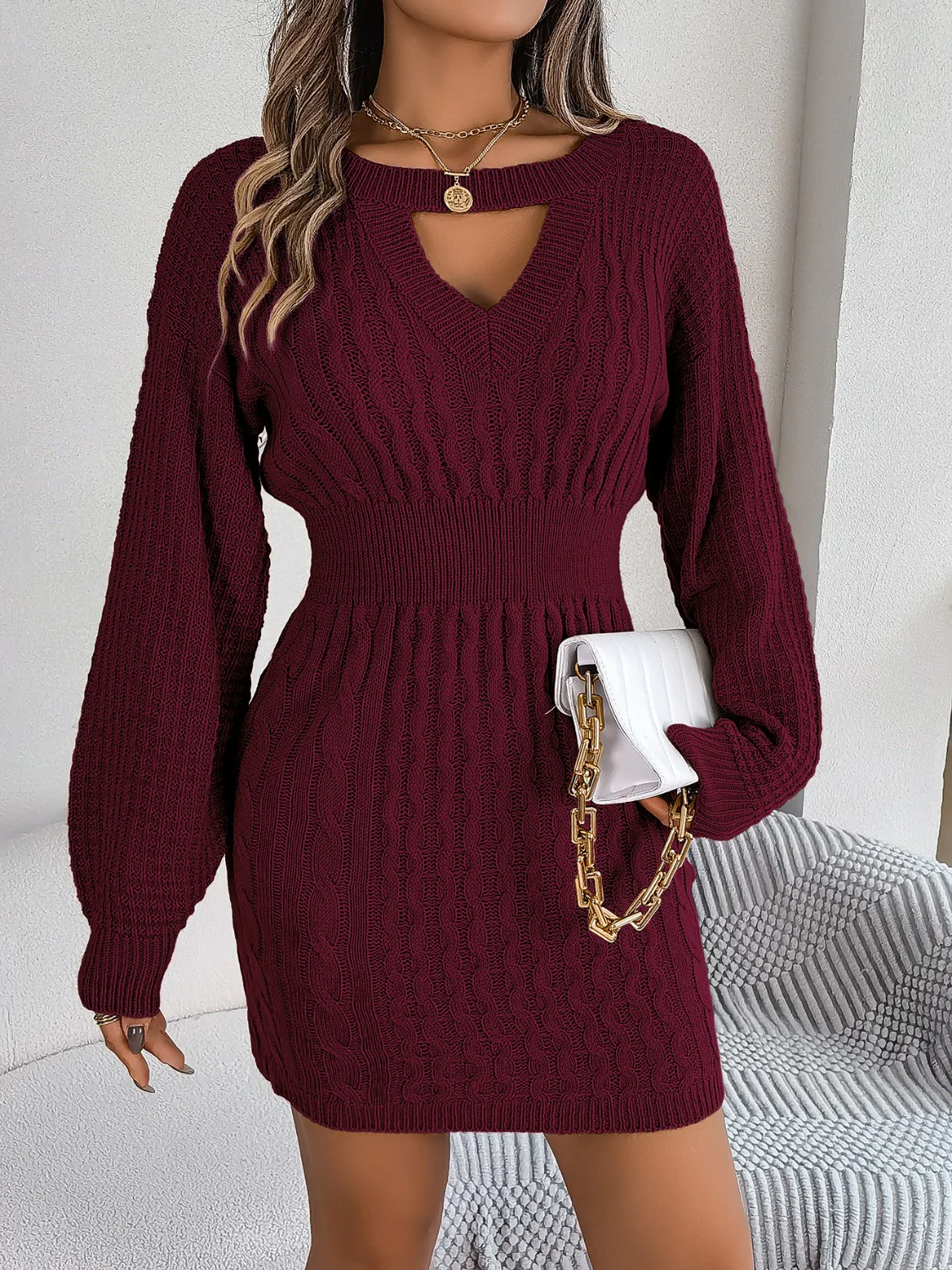 Cable-Knit Cutout Round Neck Slit Sweater Dress - Image 5