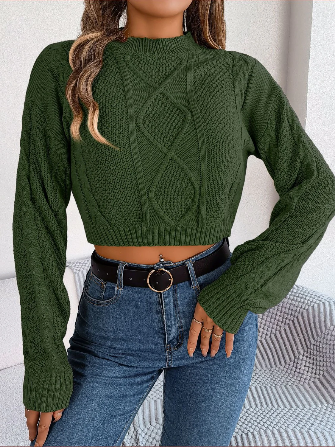 Cable-Knit Round Neck Cropped Sweater - Image 9