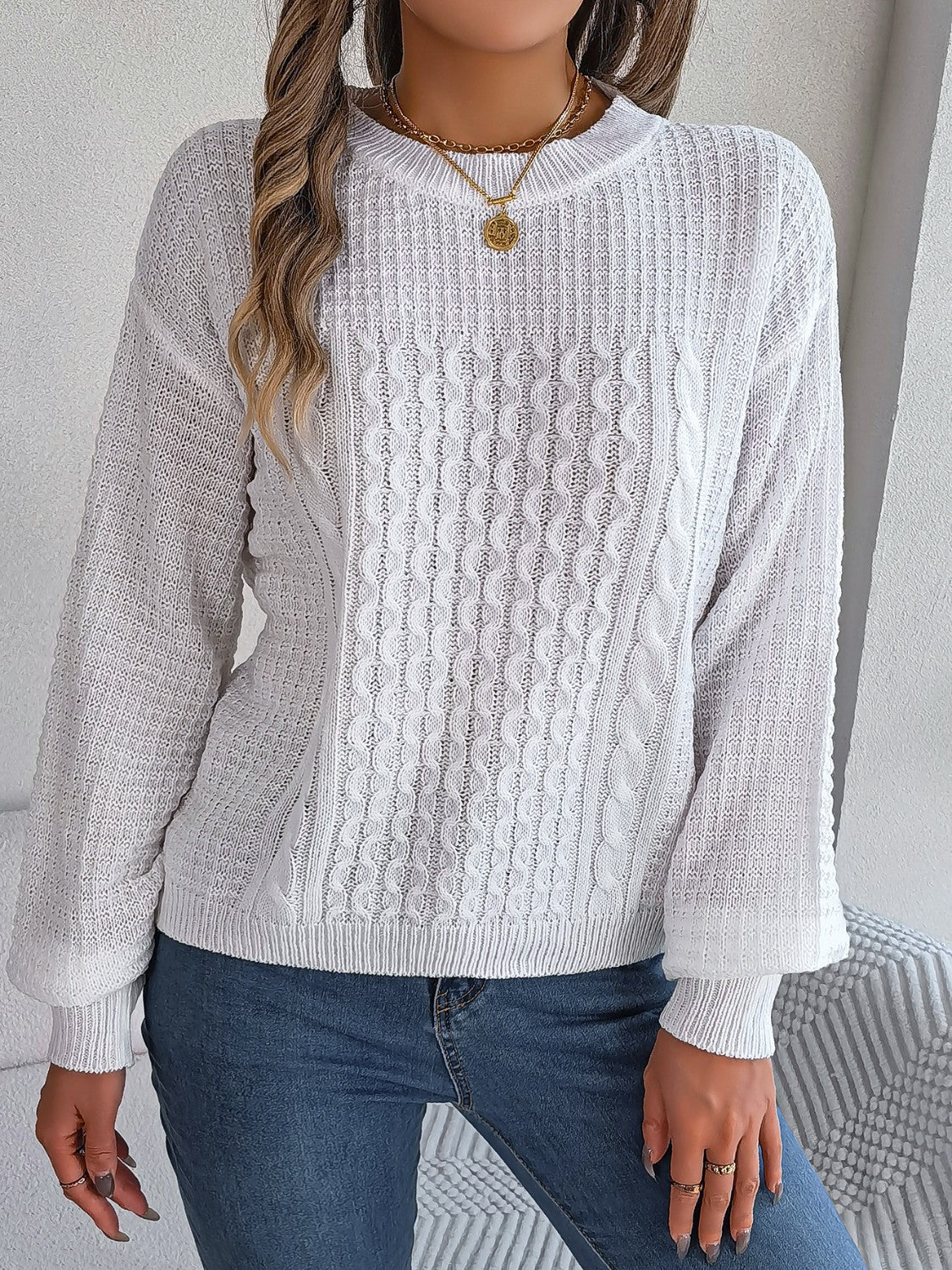 Cable-Knit Round Neck Long Sleeve Sweater - Image 5