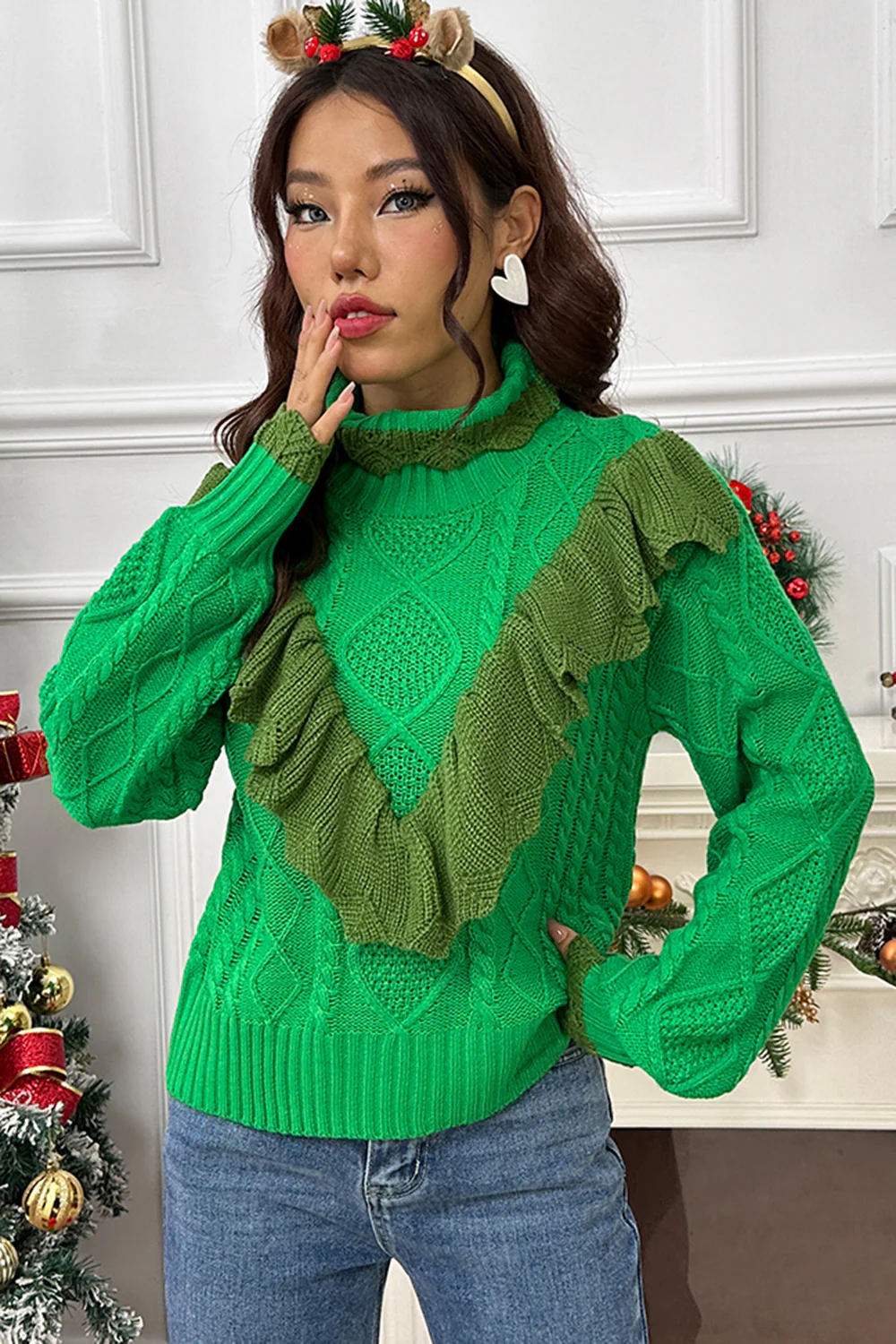 Cable-Knit Ruffled Mock Neck Lantern Sleeve Sweater - Image 4