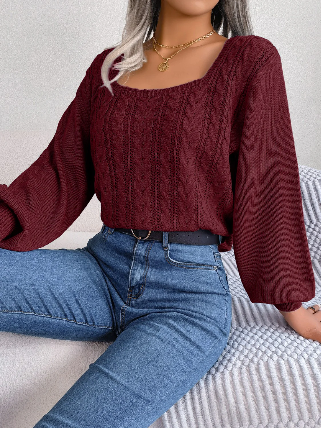 Cable-Knit Square Neck Long Sleeve Sweater - Image 11