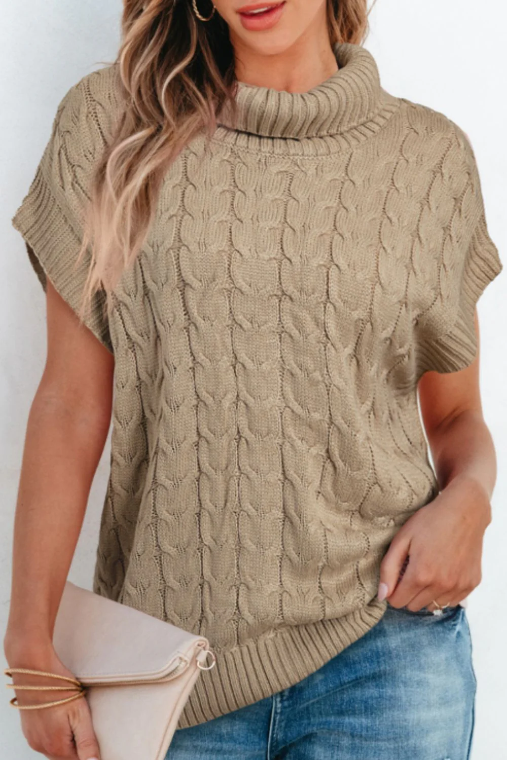 Cable Knit Turtleneck Short Sleeve Sweater - Image 10