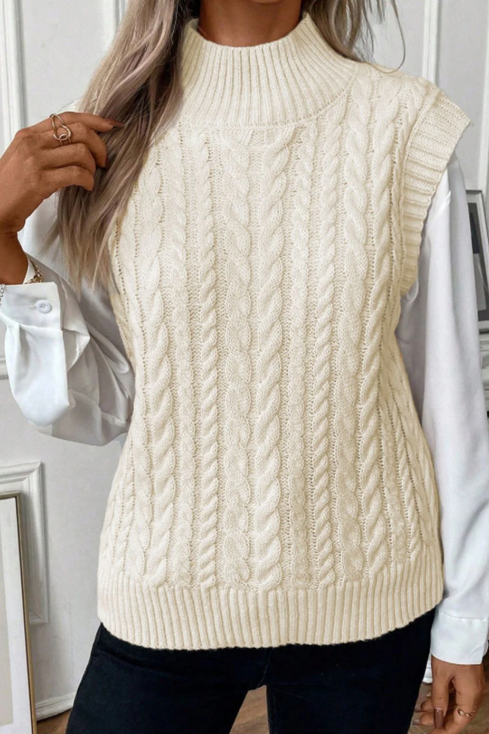 Cable Knit Turtleneck Sweater Vest - Image 3