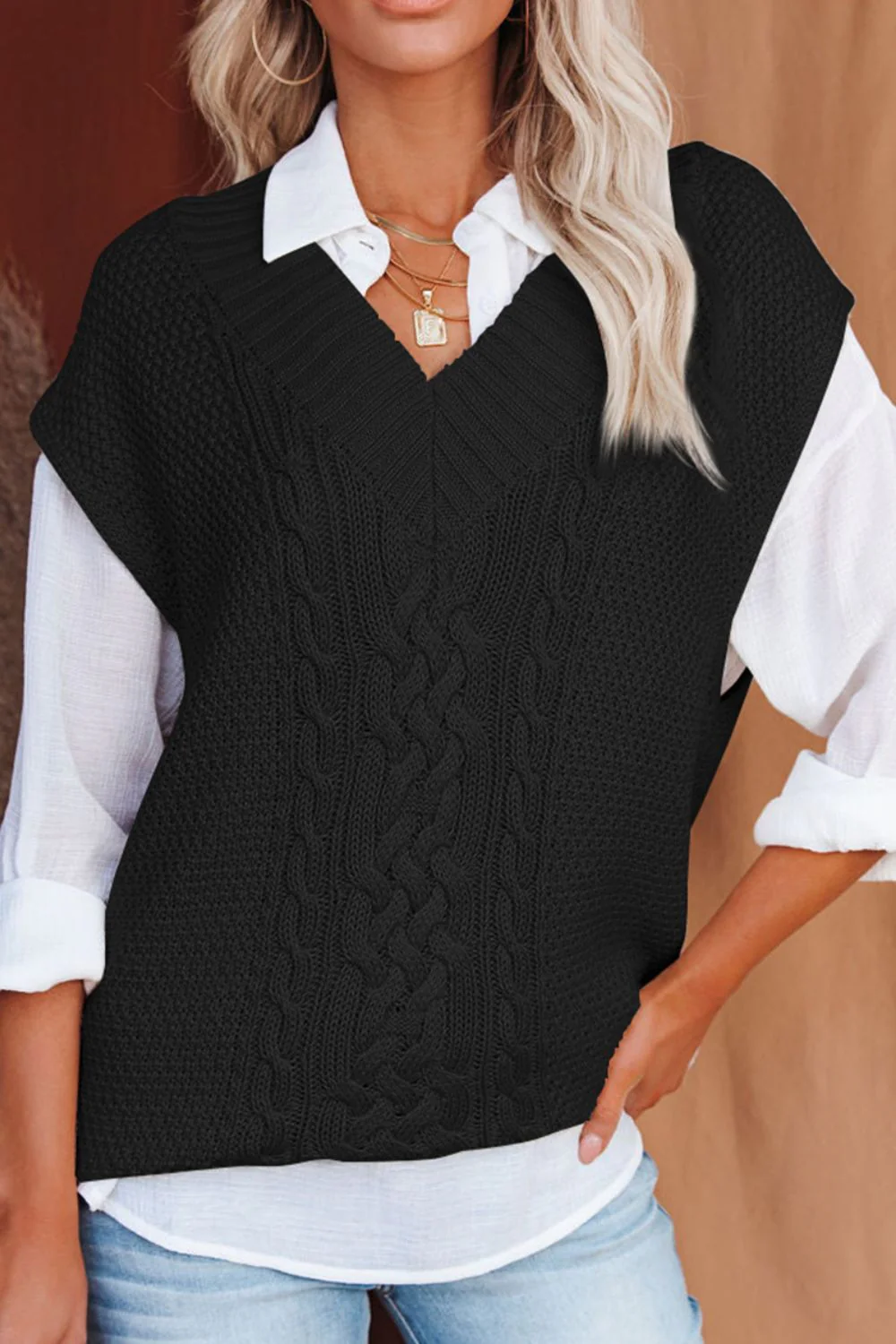 Cable-Knit V-Neck Sweater Vest - Image 19