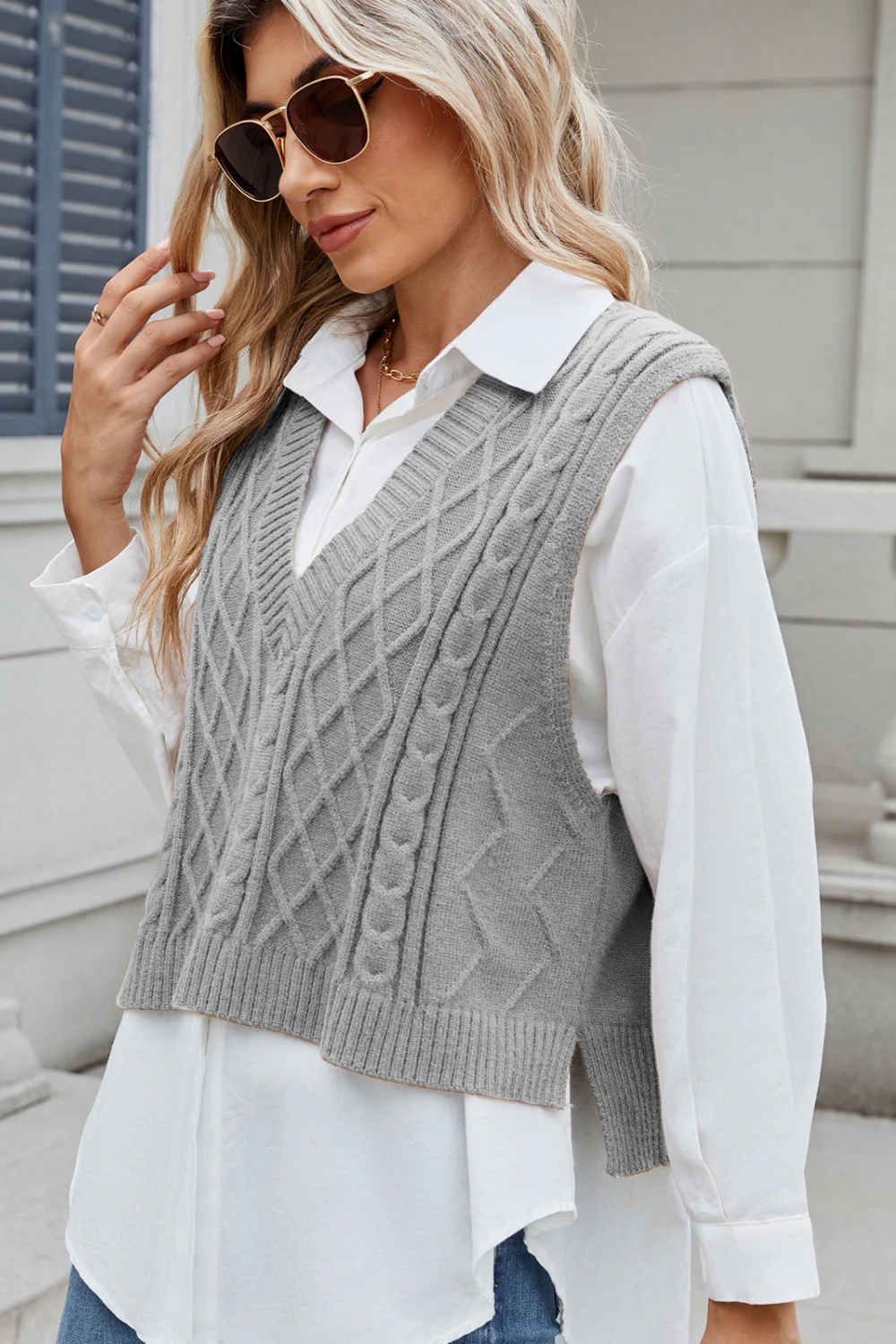 Cable-Knit V-Neck Sweater Vest - Image 2