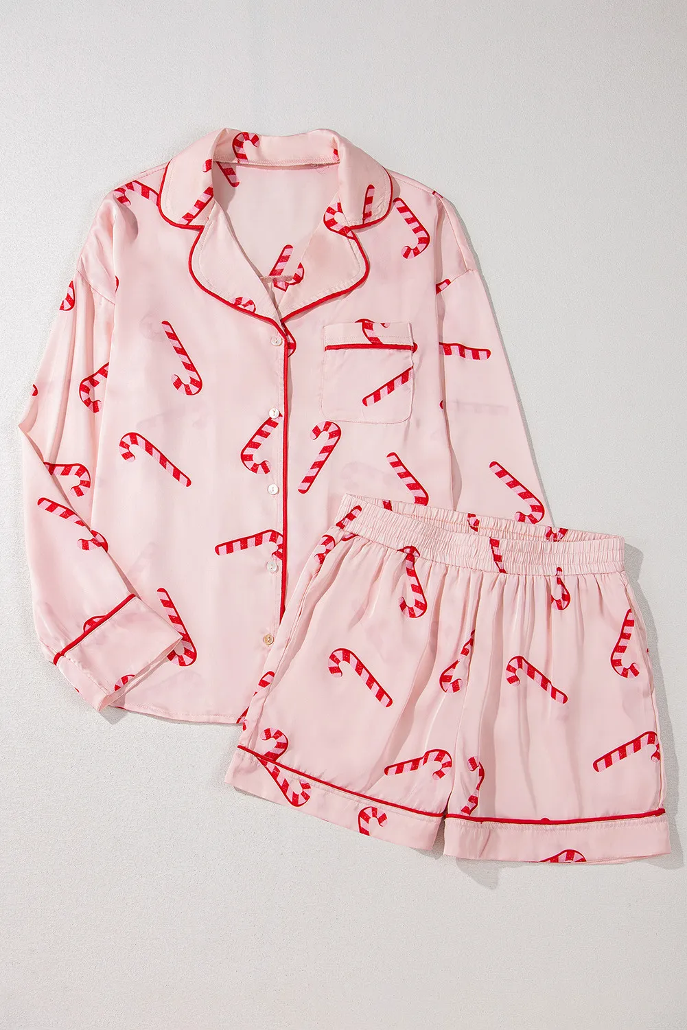 Candy Cane Collared Neck Long Sleeve Top and Shorts Lounge Set - Image 4
