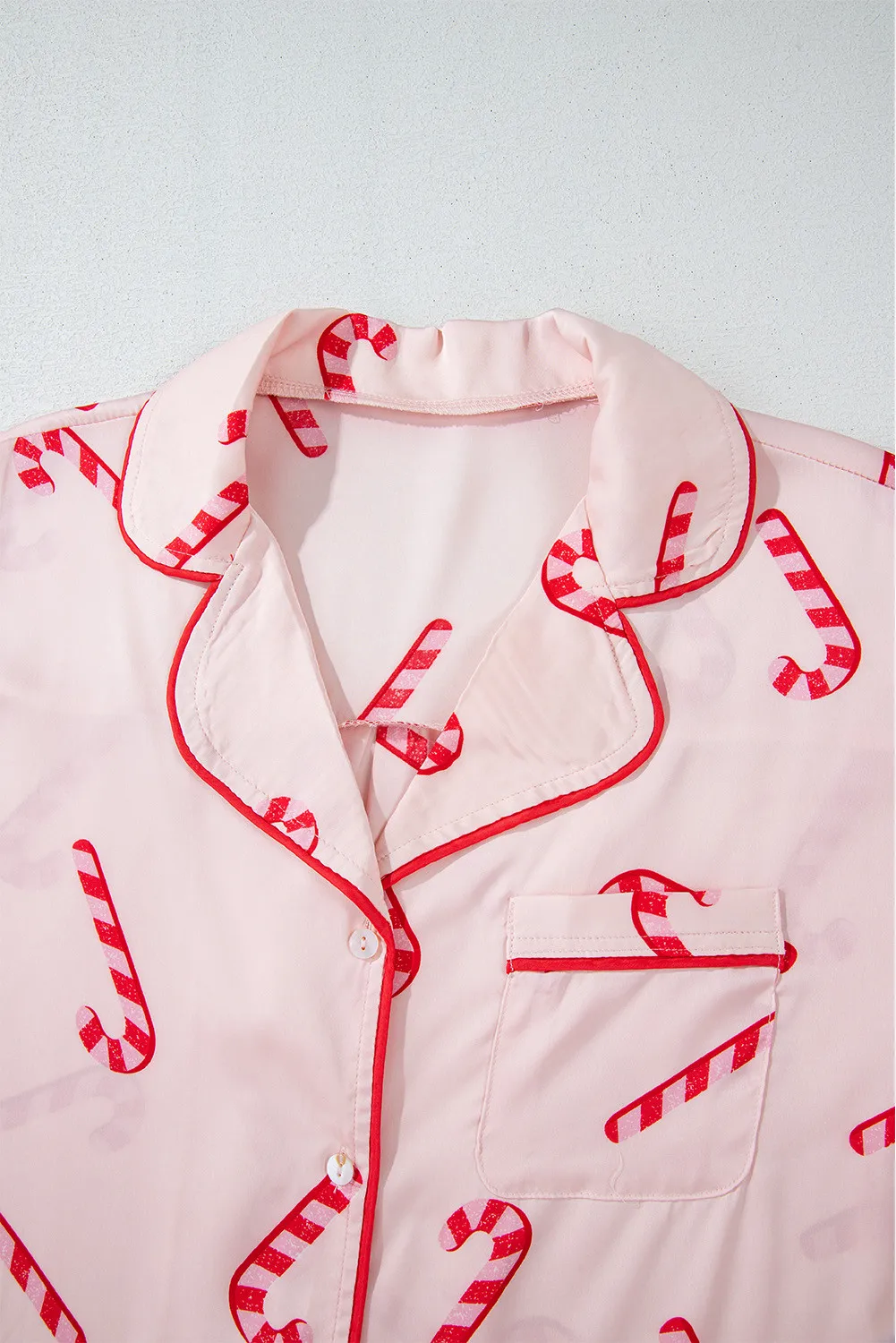 Candy Cane Collared Neck Long Sleeve Top and Shorts Lounge Set - Image 6