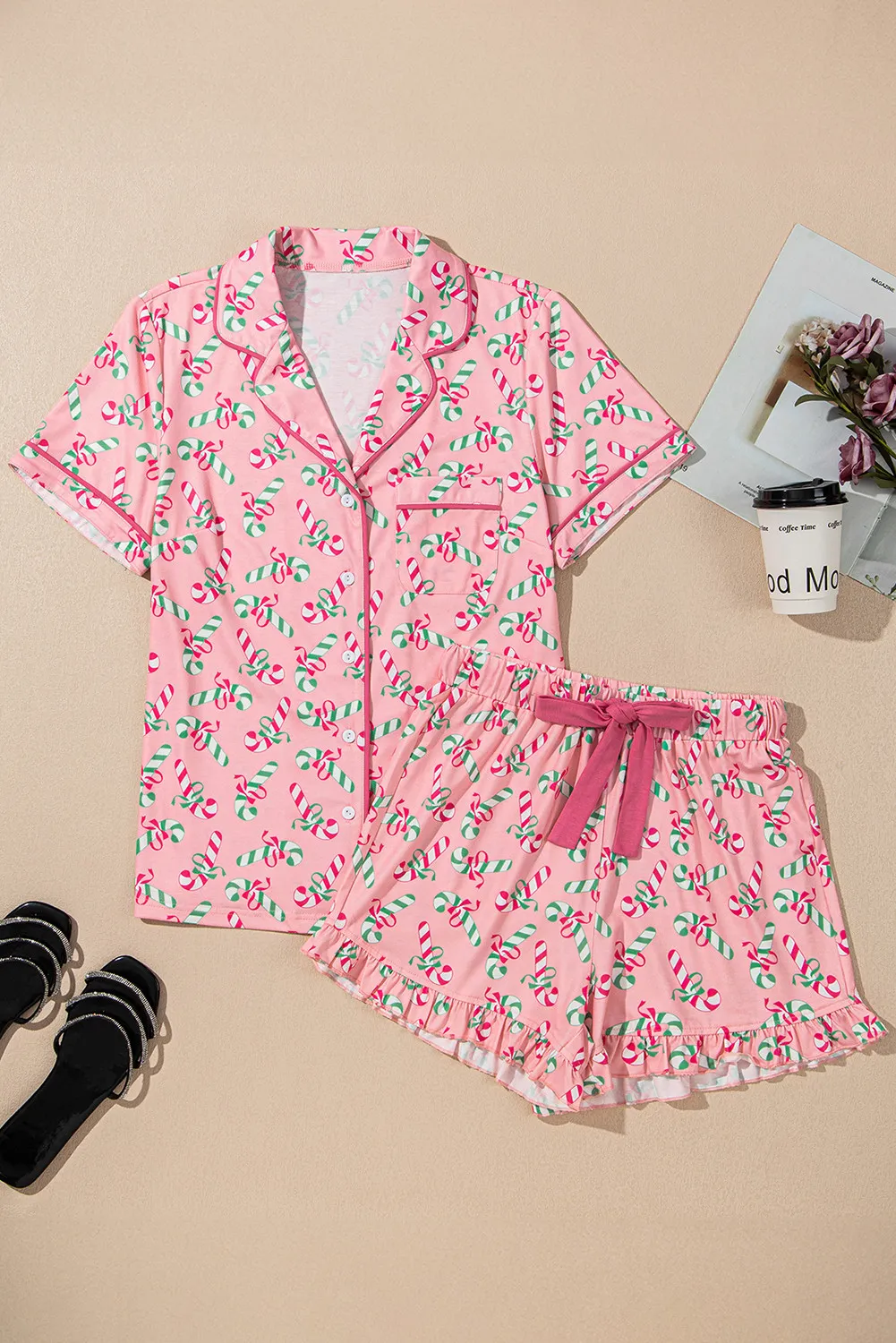 Candy Cane Collared Neck Top and Shorts Lounge Set - Image 7
