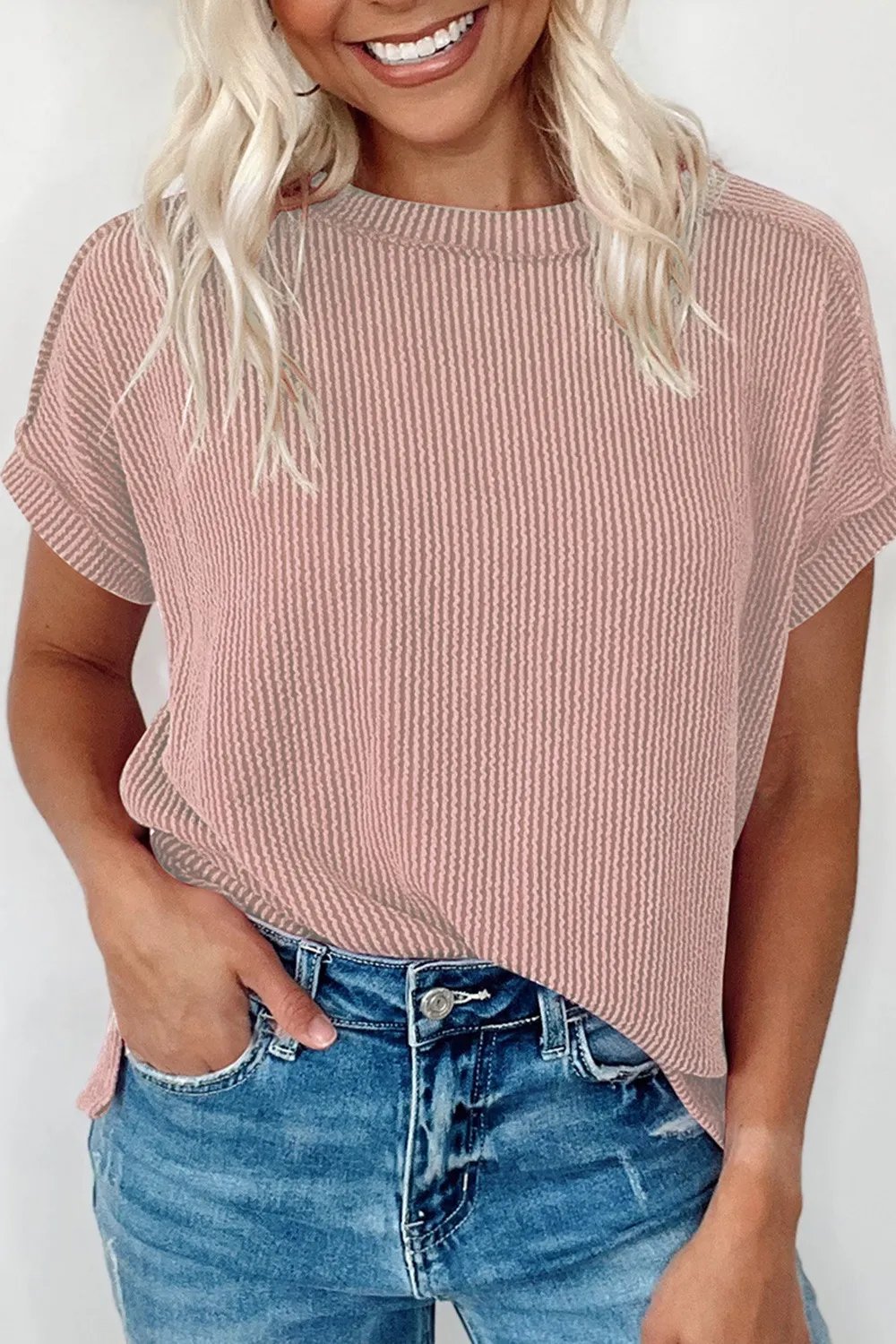 Casual Ribbed Short Sleeve Round Neck T-Shirt - Image 23