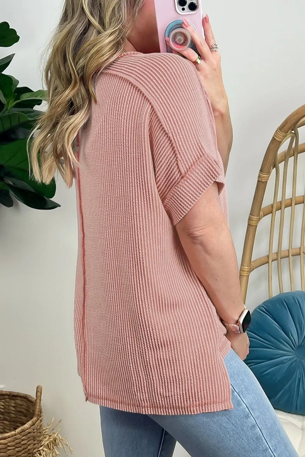 Casual Ribbed Short Sleeve Round Neck T-Shirt - Image 24