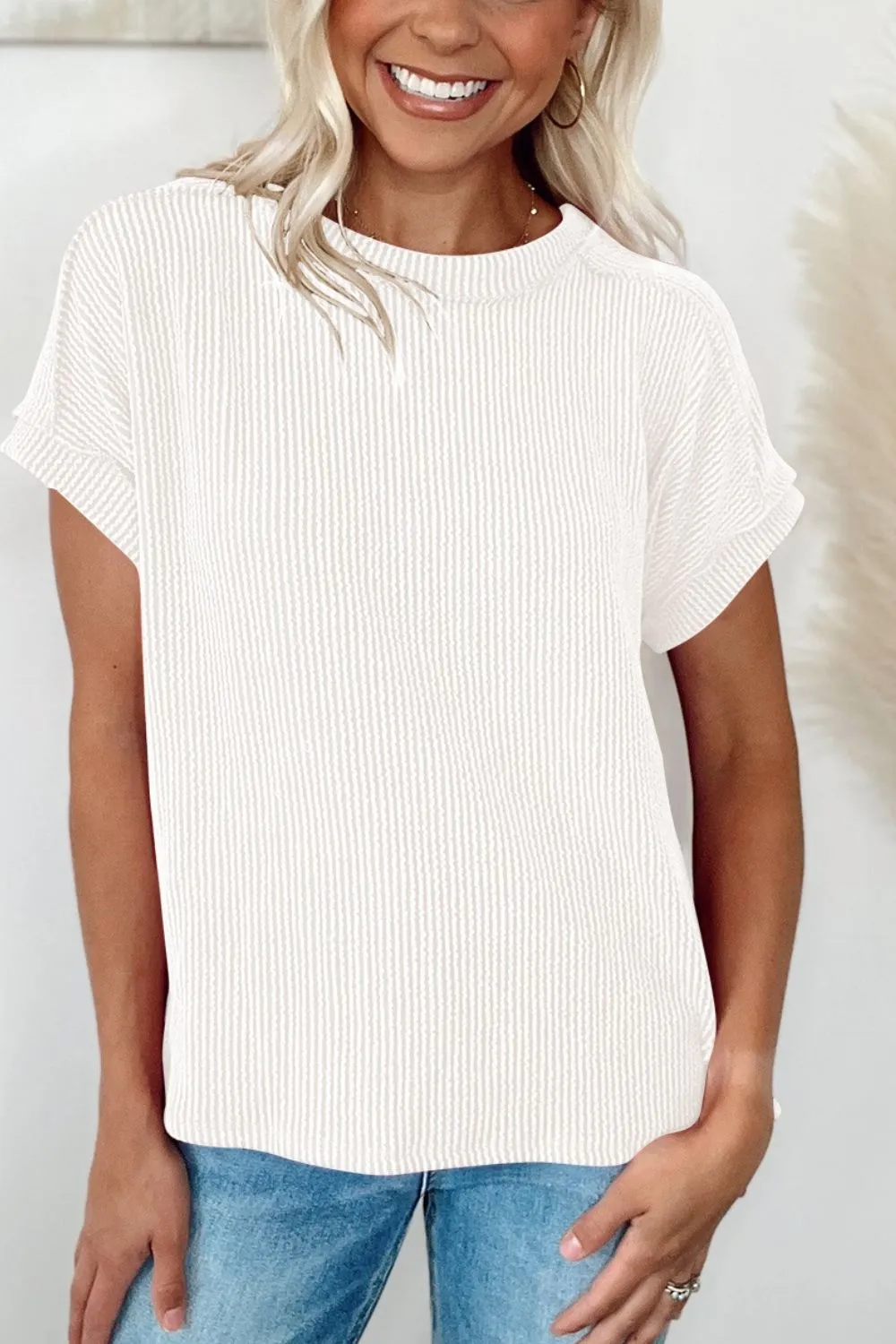 Casual Ribbed Short Sleeve Round Neck T-Shirt - Image 31