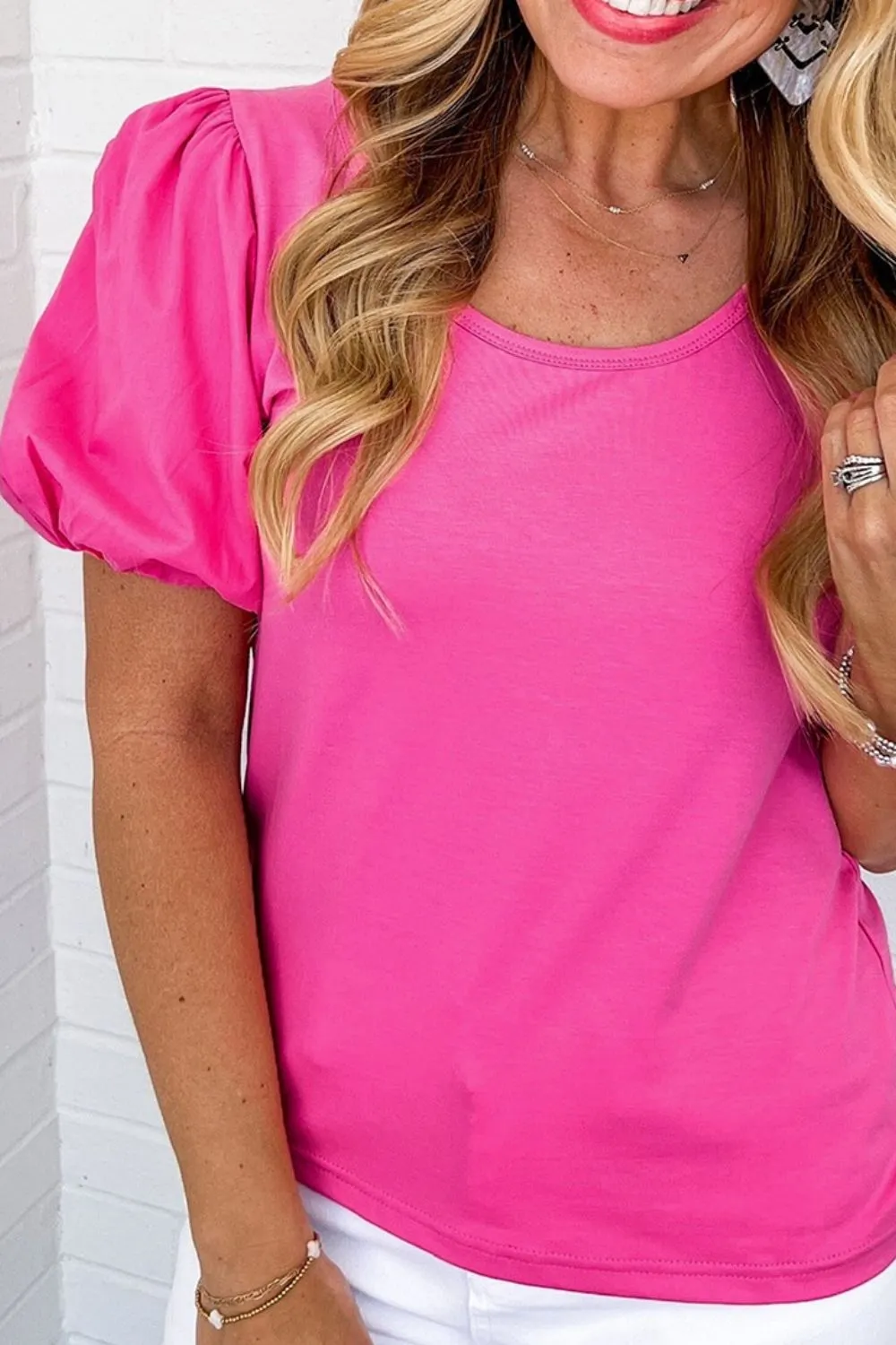 Casual Round Neck Bubble Sleeve T-Shirt - Image 4