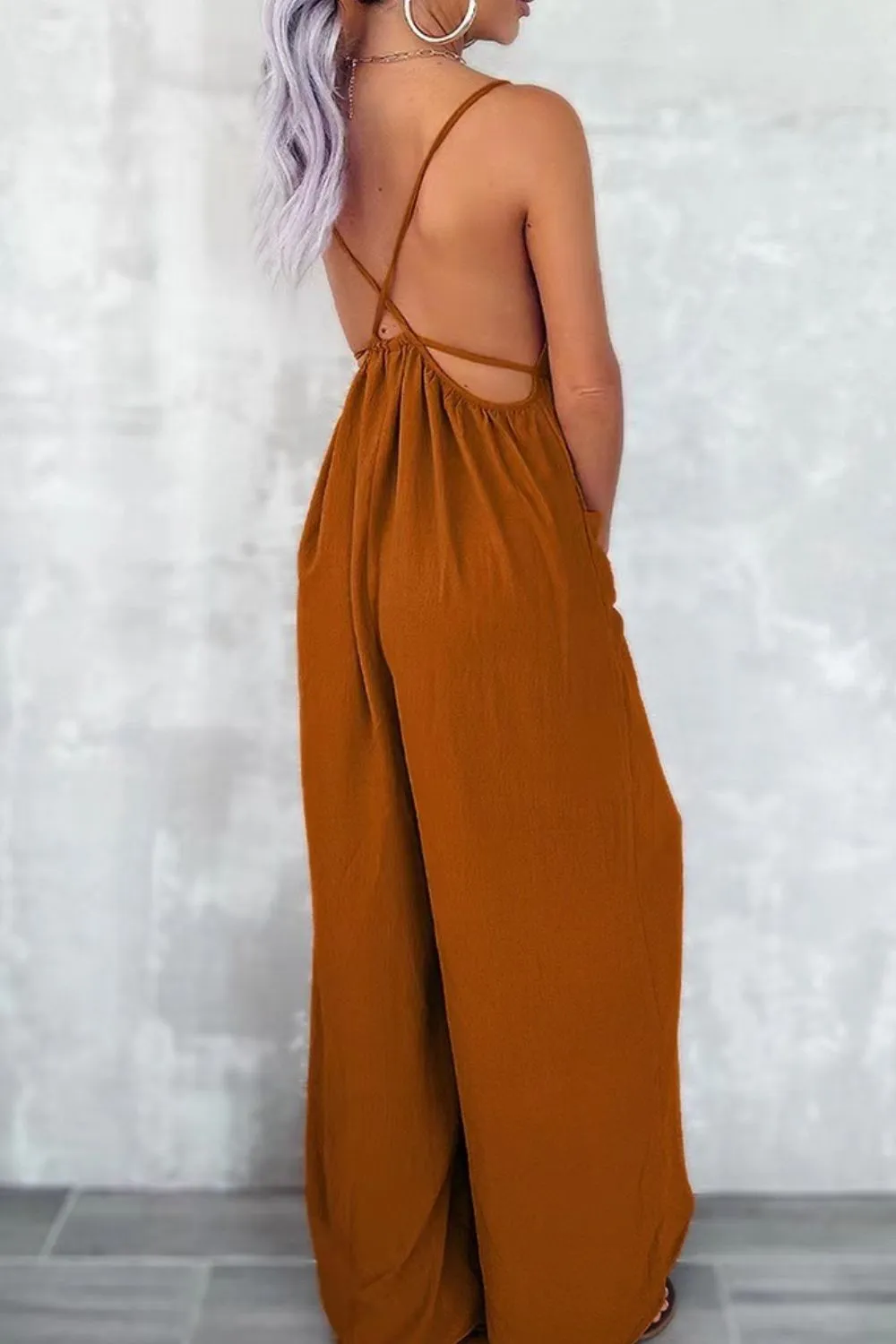Casual Spaghetti Strap Wide Leg Jumpsuit with Pockets - Image 5