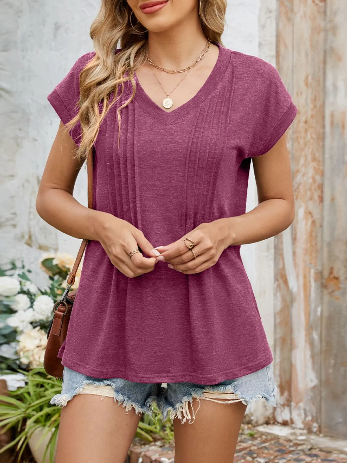 Casual V-Neck Pleated Front T-Shirt - Image 10