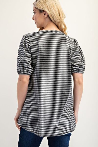 Celeste Full Size Gingham Print Top With Puff Sleeves Plus Size - Image 2