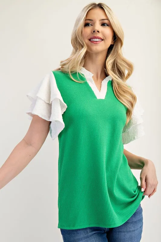 Celeste Full Size Solid Color Top with Ruffle Layered Sleeves Plus Size - Image 3